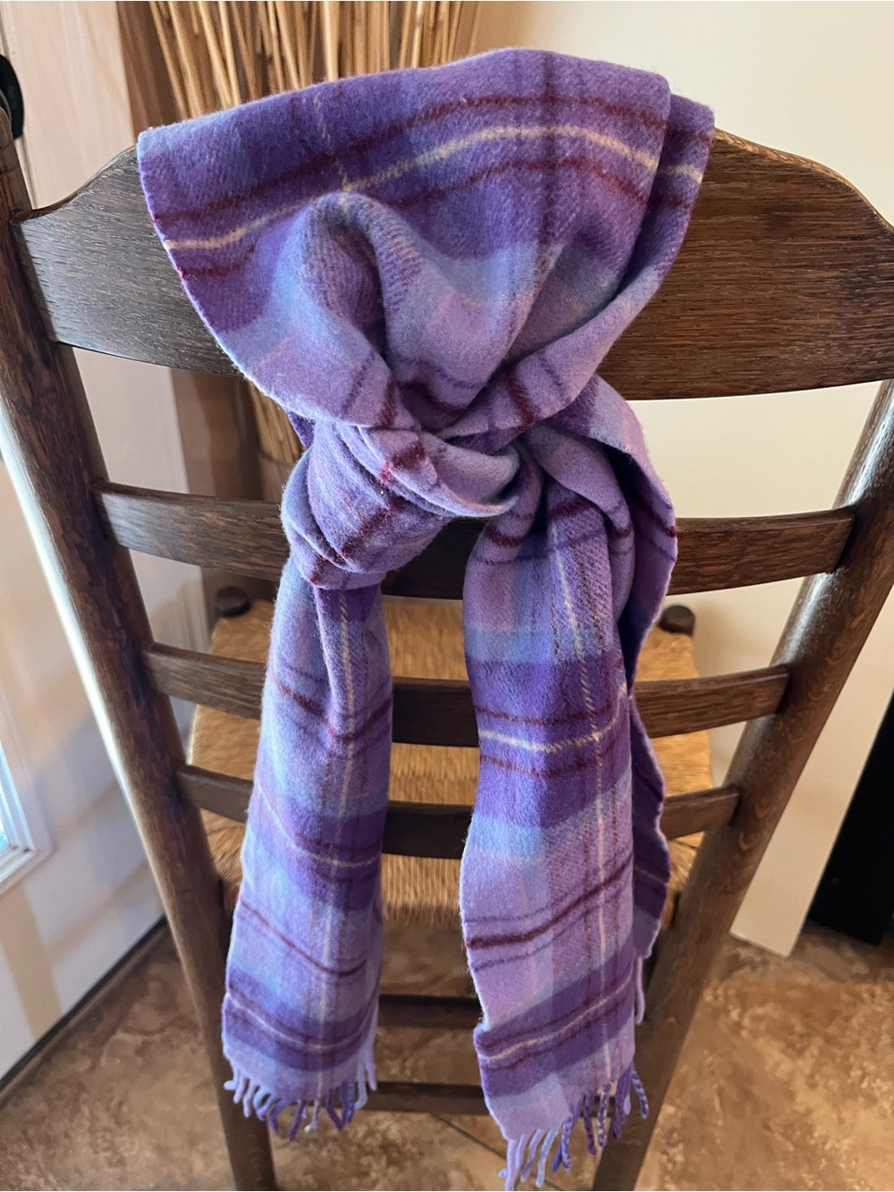 Marks & Spencer Purple Plaid Merino Wool Cashmere Blend Fringe Scarf Tartan